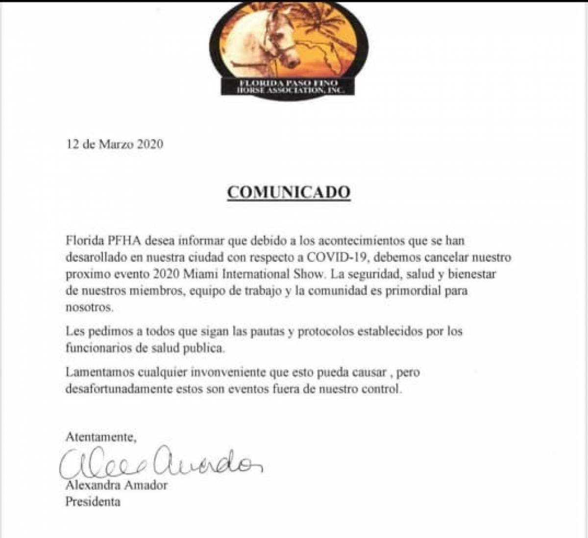 Comunicado Oficial Florida PFHA
