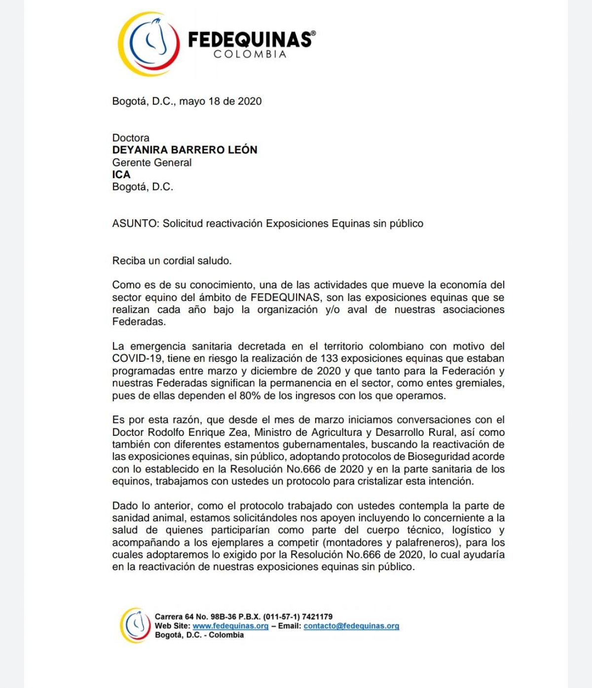 Circular externa de @icacolombia No. 004 en la cual acogen la solicitud de @fedequinas.oficial y da los lineamientos para eventos equinos sin público.