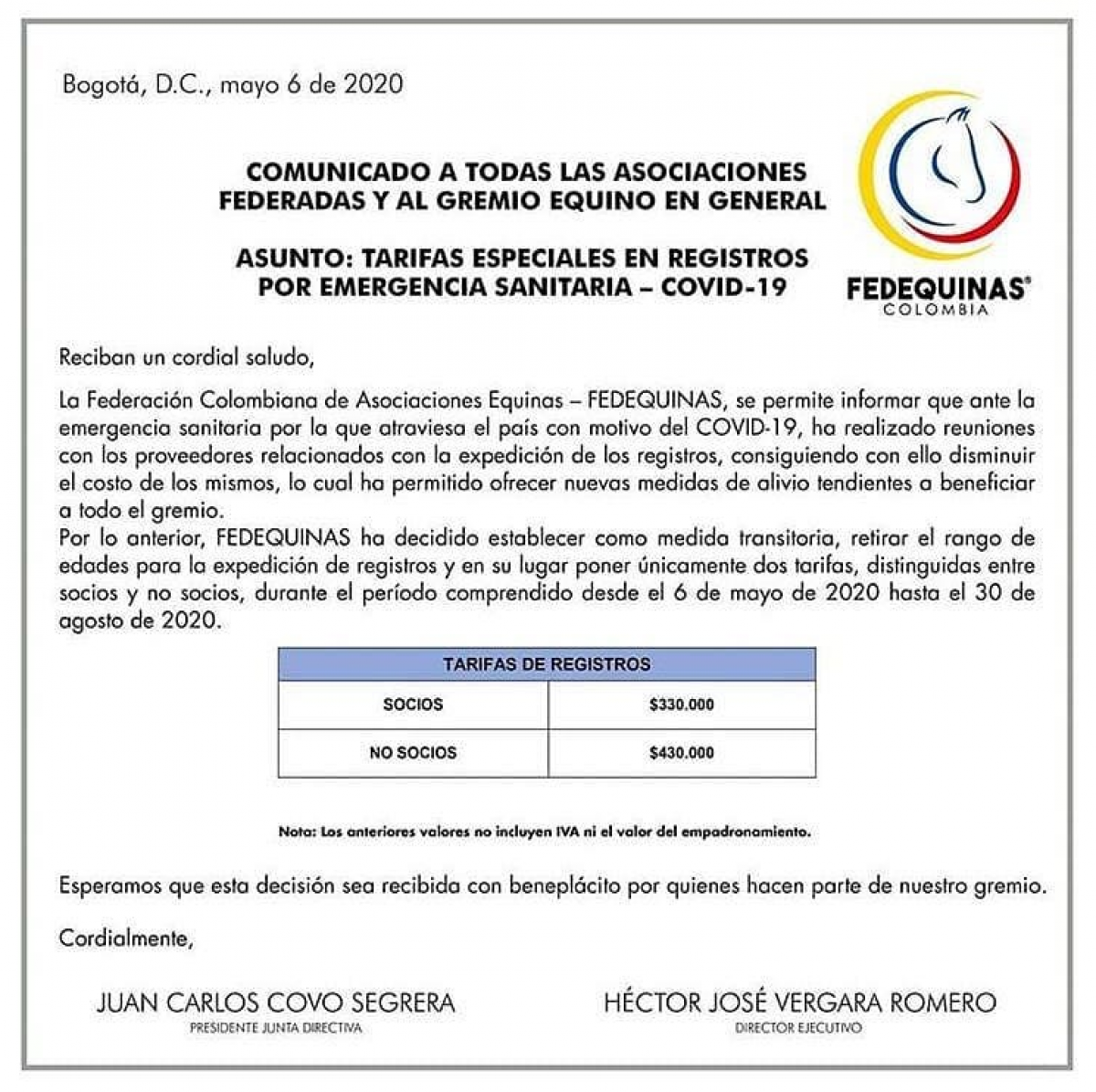 Comunicado Oficial  FEDEQUINAS