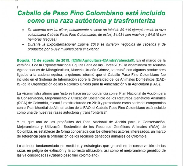 https://www.suscaballos.com/Boletín de Prensa: Caballo de Paso Fino Colombiano está incluido como una raza