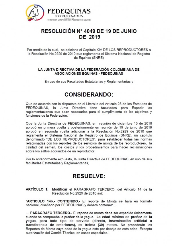 https://www.suscaballos.com/FEDEQUINAS Resolución 4049: Reglamentación para Reproductores