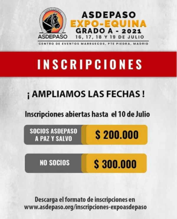 https://www.suscaballos.com/¡Ampliamos las Fechas de Inscripciones!  EXPO EQUINA GRADO A - 2021