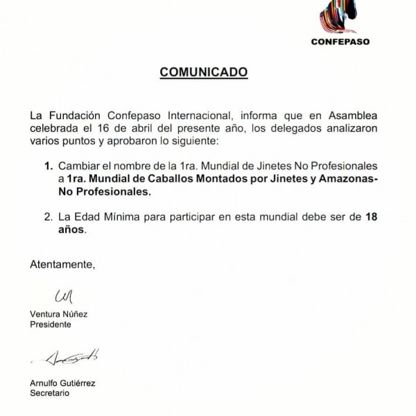 https://www.suscaballos.com/Comunicado:1ra Mundial de Caballos Montados por Jinetes y Amazonas no Profesionales