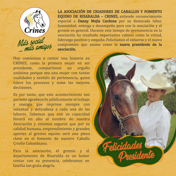 https://www.suscaballos.com/Reconocimiento a Danny Mejía Cardona presidenta de la Asociación @crinespereira
