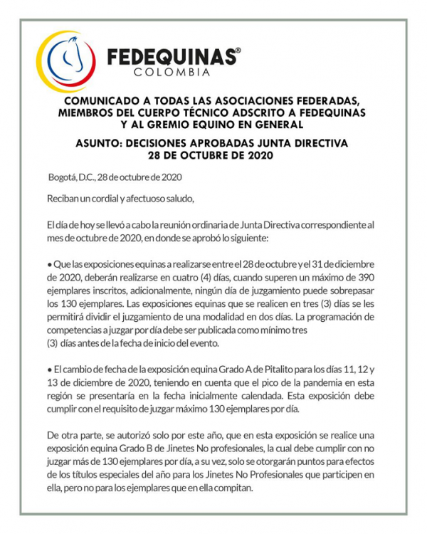 https://www.suscaballos.com/Comunicado de la Federación al Gremio en general  Fedequinas