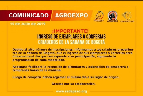 https://www.suscaballos.com/IMPORTANTE Ingreso de Ejemplares A Corferias, Agroexpo 2019